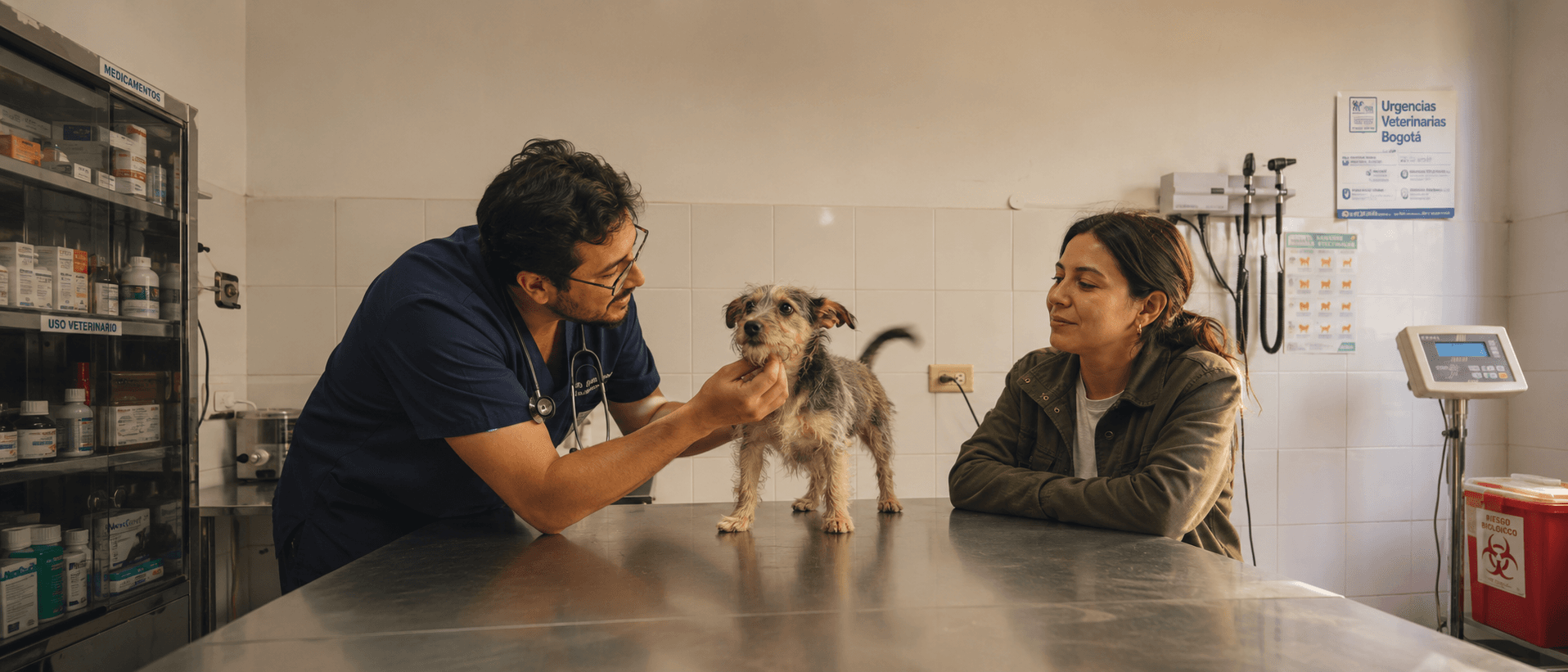 Veterinario examinando a un perro sobre la mesa de consulta, con su dueña al frente