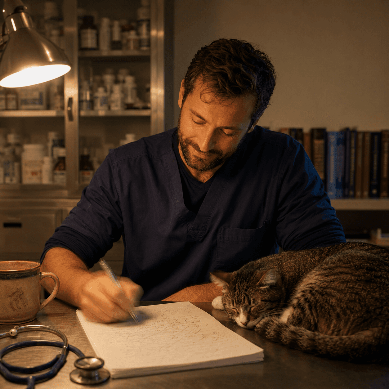 Veterinario estudiando un caso de noche, con un gato dormido sobre la mesa